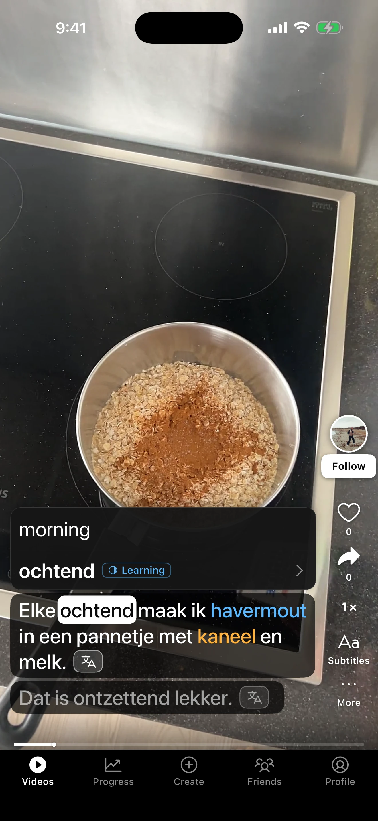 Holding “ochtend” in the Dutch line “Elke ochtend maak ik havermout” shows its meaning, “morning”
